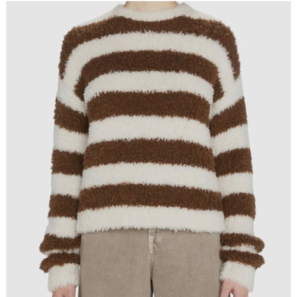 Kule Sven Sweater Women Small Cream Praline Brown Striped Wool Blend Fuzzy